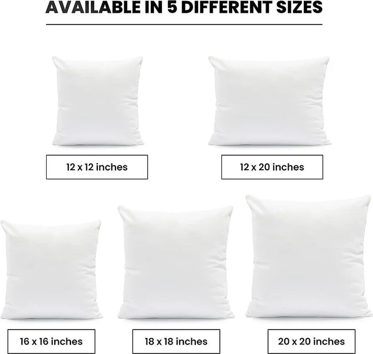 White pillow available in 5 different sizes: 12x12 inches, 12x20 inches, 16x16 inches, 18x18 inches, and 20x20 inches.