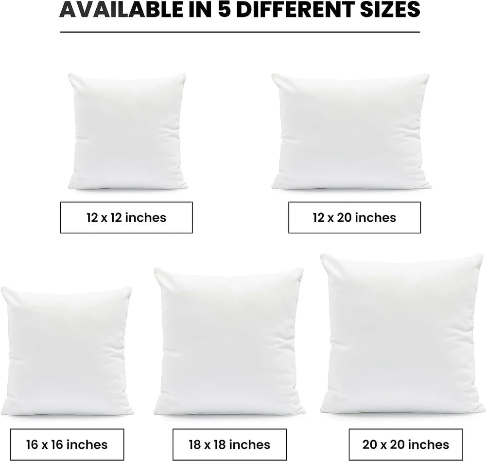White pillow available in 5 different sizes: 12x12 inches, 12x20 inches, 16x16 inches, 18x18 inches, and 20x20 inches.