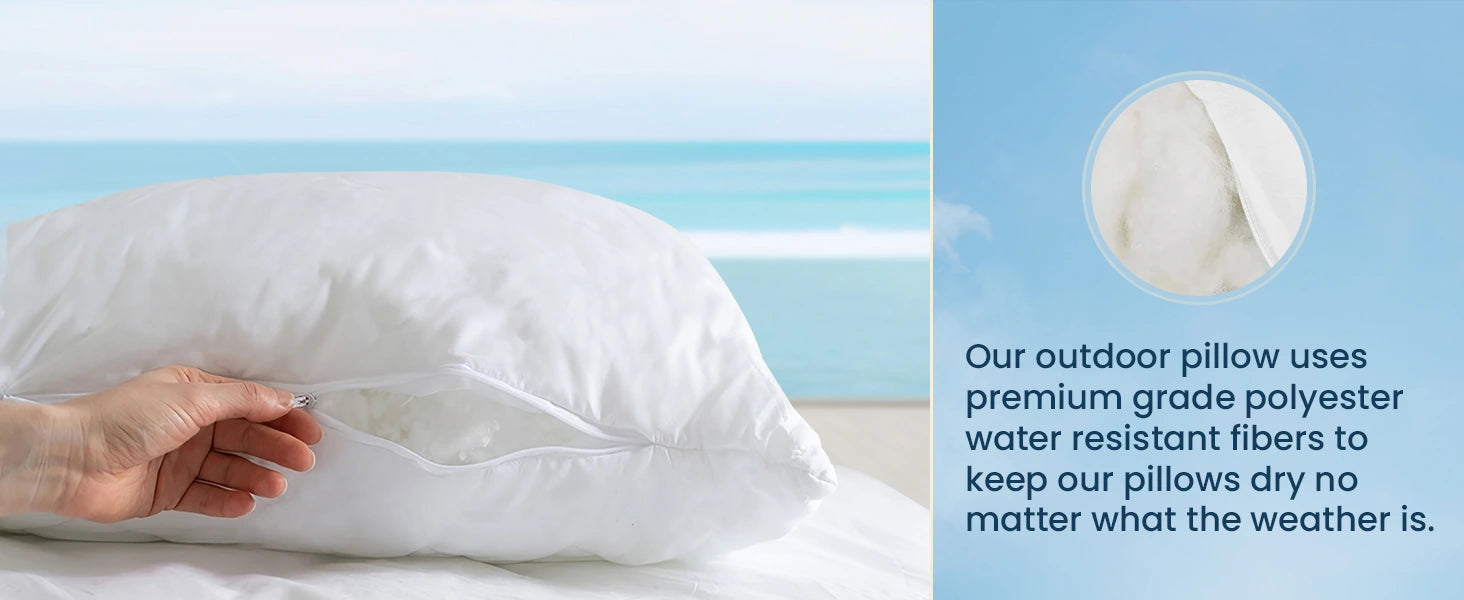 Outdoor pillow with premium grade polyester water-resistant fibers to stay dry in any weather.