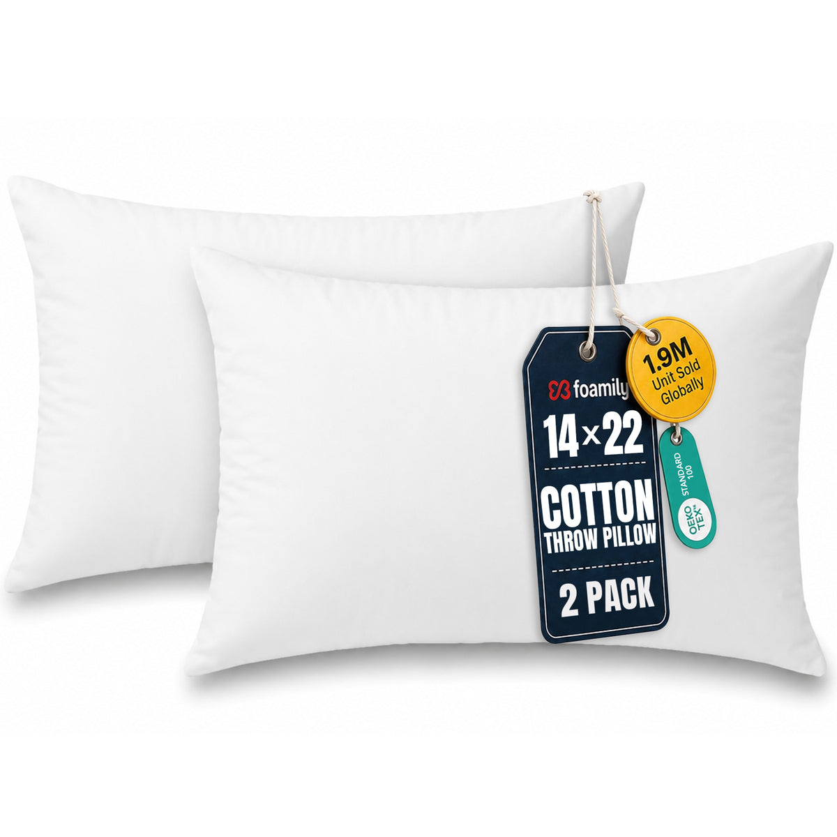 Foamily 18x18 Pillow Inserts Set of 2, 100% Cotton Cover Throw Pillow Inserts, Decorative Square Pillow Stuffers for Couch, Sofa, Bed & Home Decor, White 2 Pack