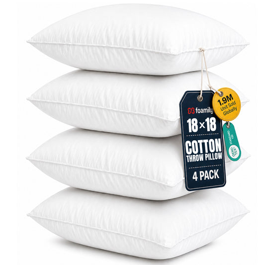 Foamily 18x18 Pillow Inserts Set of 4, 100% Cotton Cover Throw Pillow Inserts, Decorative Square Pillow Stuffers for Couch, Sofa, Bed & Home Decor, White 4 Pack