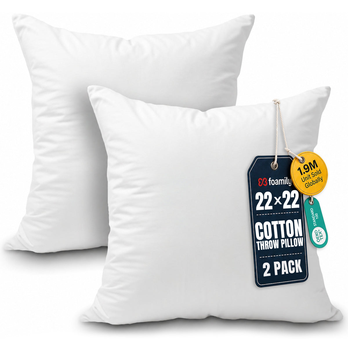 Foamily 18x18 Pillow Inserts Set of 2, 100% Cotton Cover Throw Pillow Inserts, Decorative Square Pillow Stuffers for Couch, Sofa, Bed & Home Decor, White 2 Pack