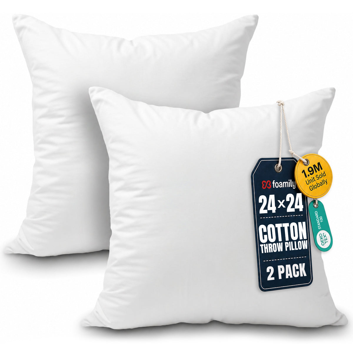 Foamily 18x18 Pillow Inserts Set of 2, 100% Cotton Cover Throw Pillow Inserts, Decorative Square Pillow Stuffers for Couch, Sofa, Bed & Home Decor, White 2 Pack