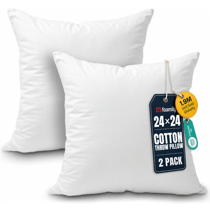 Foamily 18x18 Pillow Inserts Set of 2, 100% Cotton Cover Throw Pillow Inserts, Decorative Square Pillow Stuffers for Couch, Sofa, Bed & Home Decor, White 2 Pack