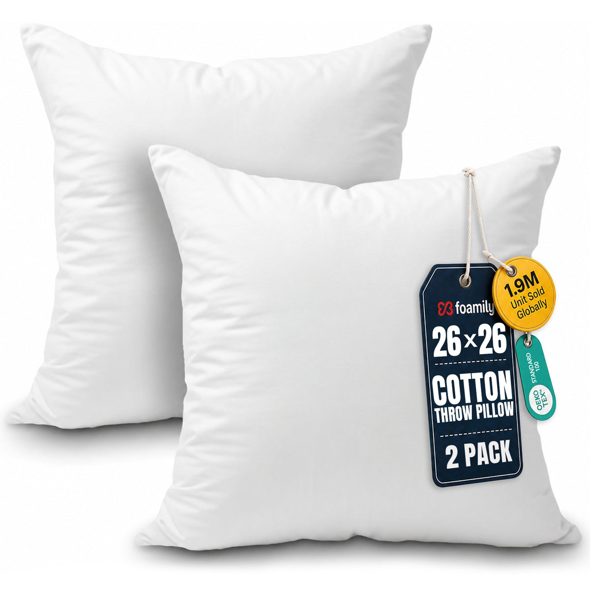 Foamily 18x18 Pillow Inserts Set of 2, 100% Cotton Cover Throw Pillow Inserts, Decorative Square Pillow Stuffers for Couch, Sofa, Bed & Home Decor, White 2 Pack