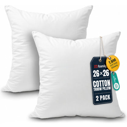 Foamily 18x18 Pillow Inserts Set of 2, 100% Cotton Cover Throw Pillow Inserts, Decorative Square Pillow Stuffers for Couch, Sofa, Bed & Home Decor, White 2 Pack